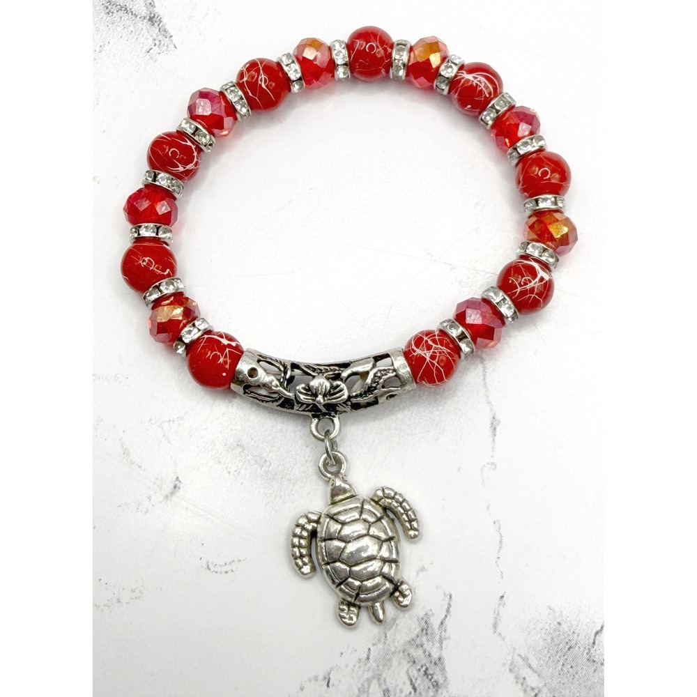 Red Glass 8mm Bead Stretch Bracelet Silver Sea Turtle Charm‎ Beach Jewelry